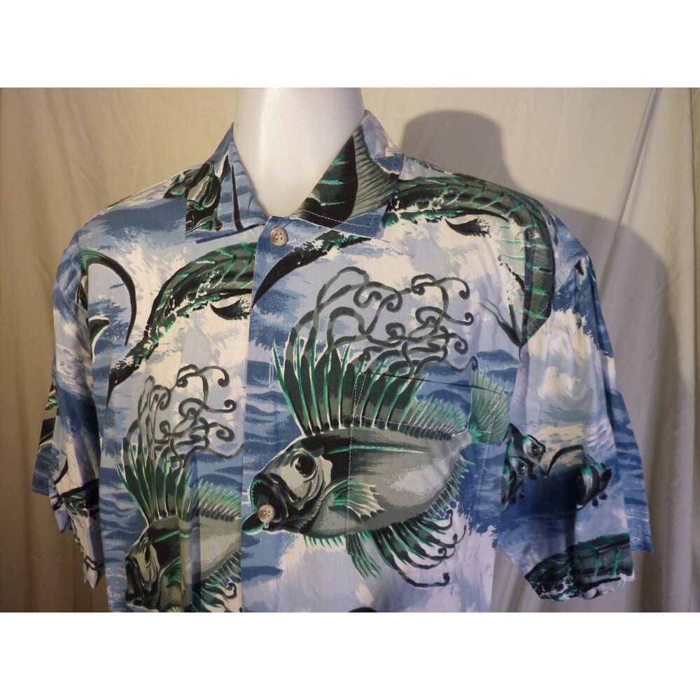 Newport Blue Hawaiian Short Sleeve Shirt-Pocket-Fish Design-sz M